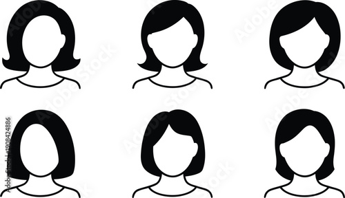 Diverse collection of six black and white simple illustrated female profile icons with different hairstyles isolated on transparent background