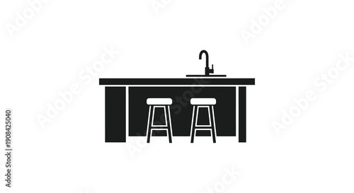 A minimalist black and white illustration depicts a kitchen island with two bar stools and a faucet