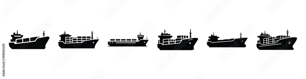 Fototapeta premium Vector set illustration of cargo ship icons. Simple transport silhouette icon design collection.