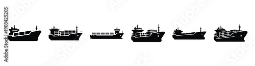 Vector set illustration of cargo ship icons. Simple transport silhouette icon design collection.