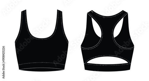 Two black sports bras are displayed a front and back view showcasing athletic wear design silhouette high quality