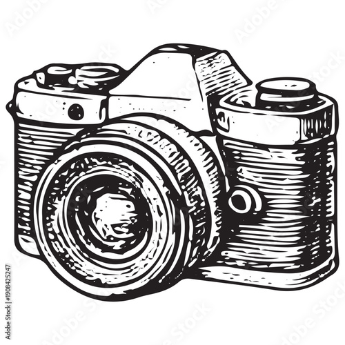 Vintage Camera Engraving Camping Travel Adventure Photography Illustration