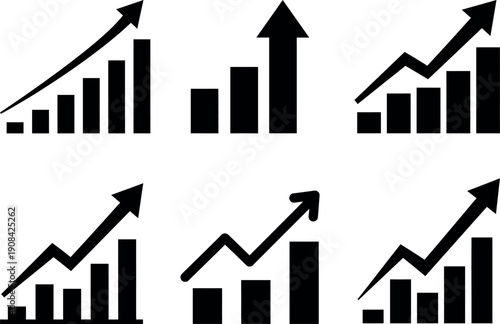Collection of six black and white business graph icons with upward trending arrows