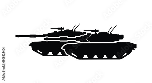 A stark black silhouette of a modern main battle tank displaying its aggressive form and military power silhouette