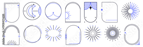 Celestial border collection with delicate sparkles and elegant vintage ornaments. Minimalist geometric shapes including ovals, arches, circles.