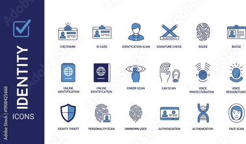 Digital identity and biometric authentication icon set featuring fingerprint scans facial recognition passports ID cards and cybersecurity verification vector elements