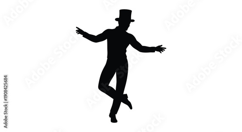 A dapper gentleman in a top hat strikes a playful pose arms outstretched and legs angled silhouette