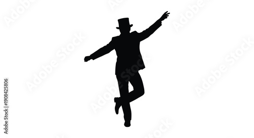 A joyful figure with arms raised and one leg lifted is captured in a striking black silhouette