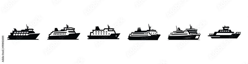 Fototapeta premium Vector set illustration of ferry icons. Simple transport silhouette icon design collection.