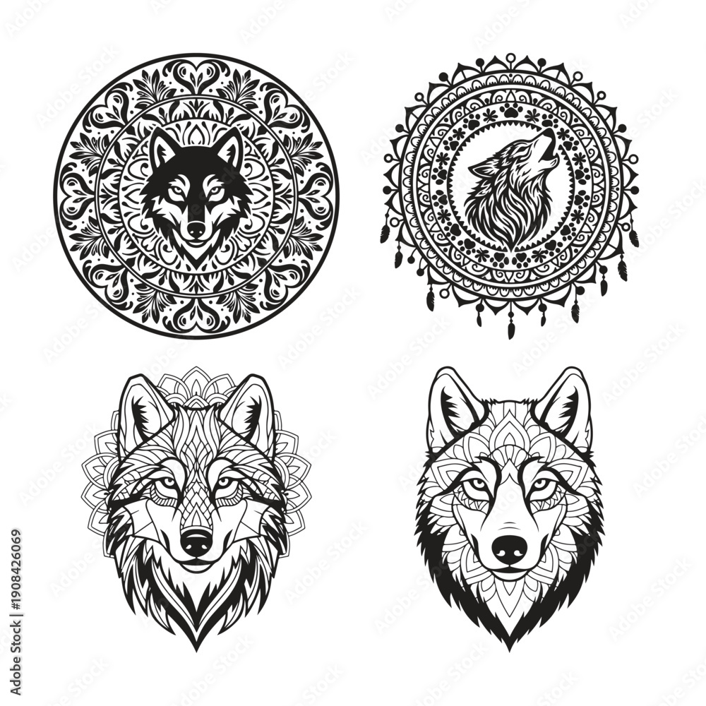 Obraz premium Wolf Head Mandala Design Silhouette Vector Illustration Art