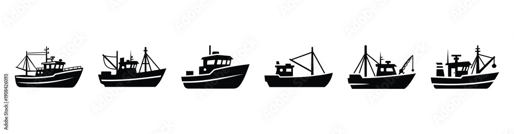 Fototapeta premium Vector set illustration of fishing boat icons. Simple transport silhouette icon design collection.