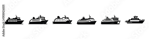Vector set illustration of ferry icons. Simple transport silhouette icon design collection.