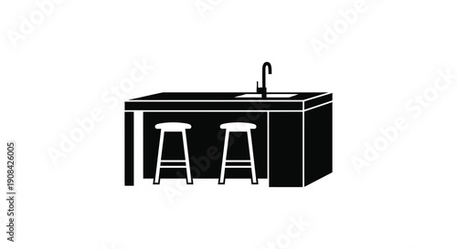 A minimalist black and white illustration depicts a kitchen counter with a sink two bar stools and a faucet