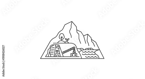 Simple Line Drawing of a Mountain Landscape with a Person.