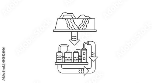 Simple line drawing of industrial process with raw materials being processed.