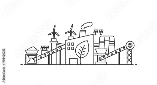 Industrial facility with renewable energy sources and eco-friendly elements.