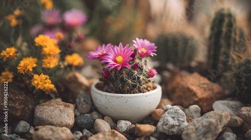 Vibrant Pink Cactus Flowers Bloom in a Rocky Desert Garden Setting.