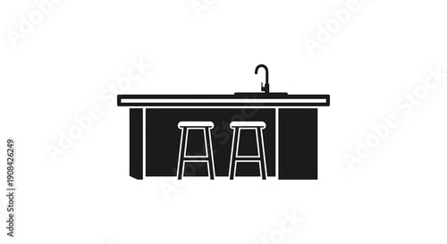 A minimalist black and white illustration depicts a kitchen island with two bar stools and a faucet