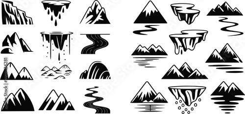 Black and white landscape icons, mountains, waterfalls, rivers, cliffs, minimalistic nature illustration, bold line art, outdoor design elements