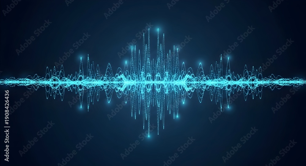 Obraz premium Vibrant sound wave pattern with glowing blue particles on dark background