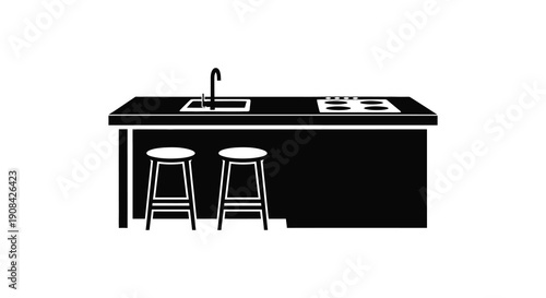 A minimalist black and white illustration depicts a kitchen island with a sink cooktop and two bar stools