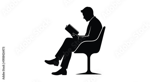 A man is peacefully reading a book while comfortably seated in a modern chair presented as a silhouette