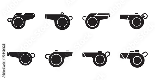 A collection of eight black silhouette icons representing different types of whistles for sports and safety applications.