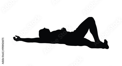 A stark black silhouette depicts a person lying on their back legs elevated in a relaxed pose silhouette