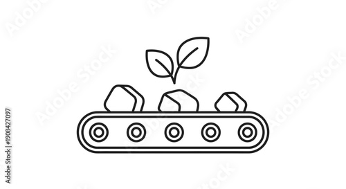Simple line drawing of conveyor belt with rocks and a sprouting plant.