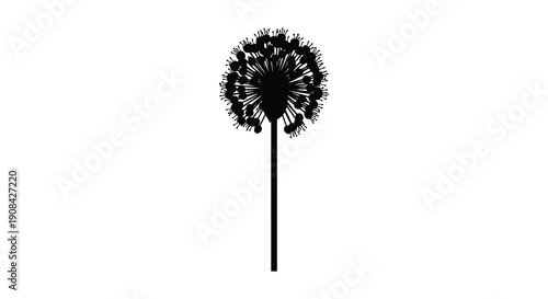 A stark black and white silhouette depicts a fully seeded dandelion poised for dispersal on the wind