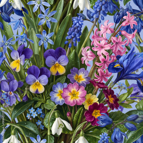 Bild auf Leinwand Seamless vector pattern with colorful first spring flowers isolated on a changeable background
