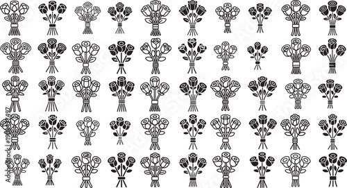 black and white line drawing bouquets of roses in various styles and shapes on white background