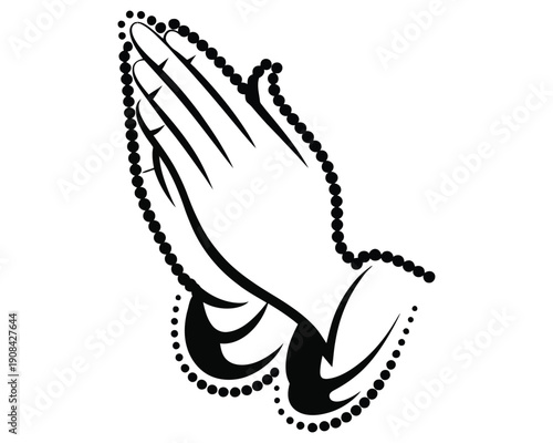 Black and white praying hands icon in outline style decorated with small beads or dots for spiritual devotion theme