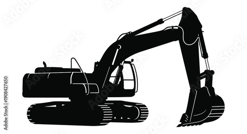 A striking black silhouette depicts a large excavator showcasing construction machinery in a minimalist style silhouette high quality