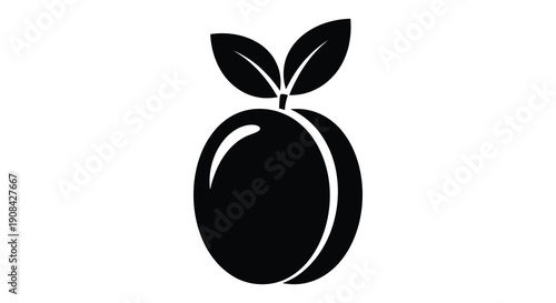 A striking black graphic depicts a ripe plum with two leaves showcasing a minimalist silhouette high quality professional