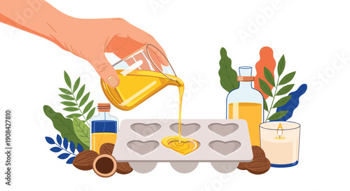 Hand carefully pours golden liquid from a beaker into heart shaped molds for making handmade soap or decorative candles.