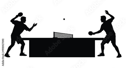 Two players engaged in a dynamic ping pong match showcasing movement and competition in silhouette high quality professional