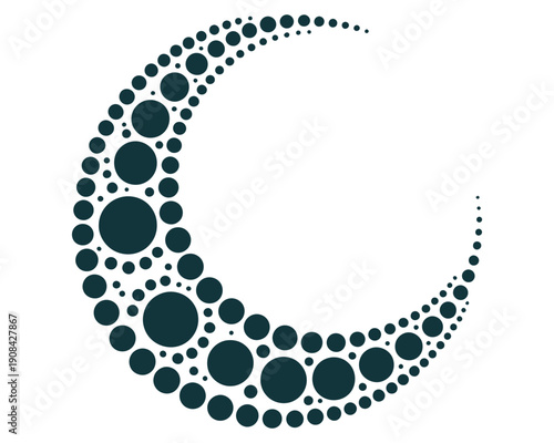 Crescent moon silhouette created from dark dots for ramadan kareem and eid mubarak symbol for islamic celebration and spiritual moon phase art
