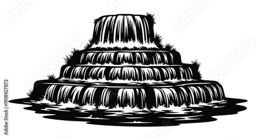 A striking black and white illustration depicts a terraced waterfall structure embodying natural beauty as a silhouette high quality professional