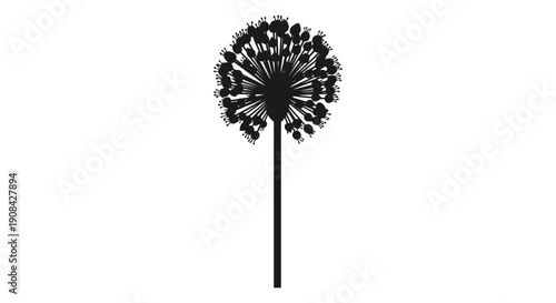 A striking silhouette depicts a dandelion seed head poised upon a slender dark stem against a white background