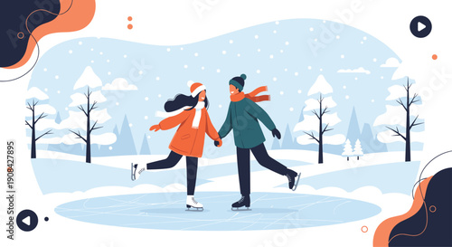 Happy young couple holding hands while ice skating together on a frozen lake in a beautiful snowy winter forest landscape background.