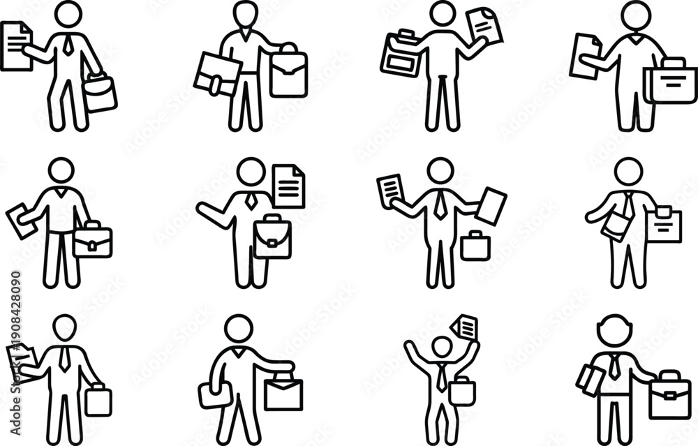 Fototapeta premium Businessman holding briefcase and documents in line art style vector illustration