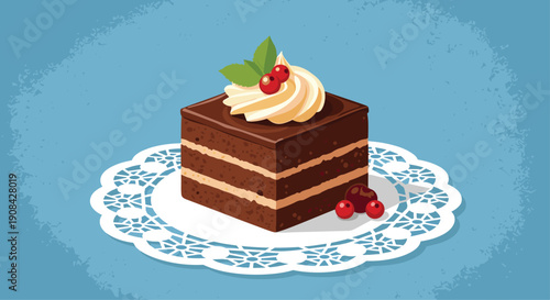 Delicious piece of chocolate layer cake topped with whipped cream red berries and green mint leaf served on a white lace paper doily.