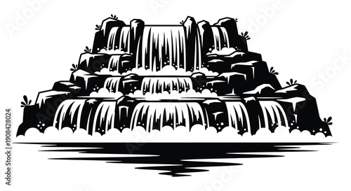 A dramatic black and white illustration depicts a tiered waterfall cascading down rocky cliffs presented as a silhouette high quality