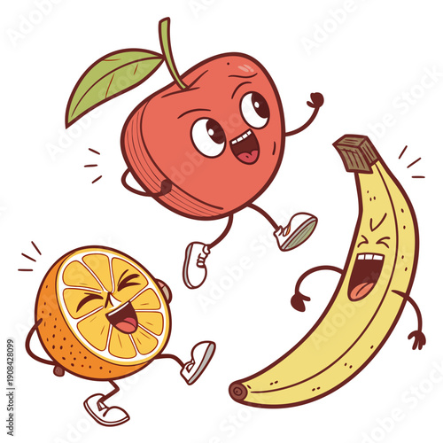 Of cheerful fruits running cartoon apple banana orange