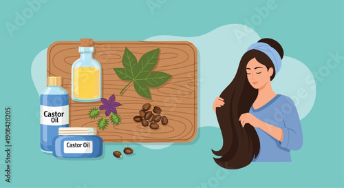 Cosmetic set with castor oil bottles seeds and leaves used by a woman to care for her long beautiful healthy brown hair.
