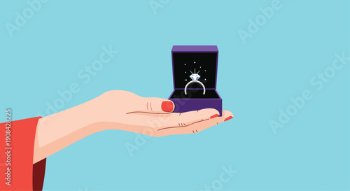 Female hand holding a purple jewelry box with a sparkling diamond ring for a romantic wedding proposal on a blue background.
