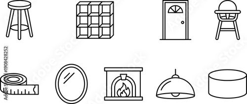 Linear vector icon set for home decor and interior design featuring wooden stools storage shelves front doors high chairs mirrors fireplaces and pendant lighting