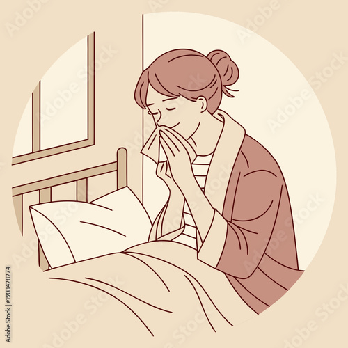 Woman blowing nose sitting in bed with tissue sick