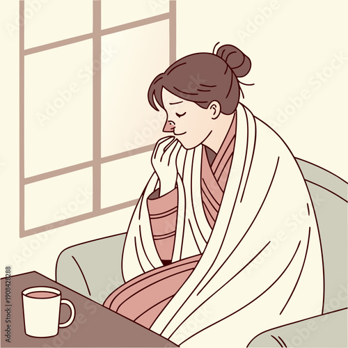 Woman coughing while wrapped in blanket sitting by window with mug on table